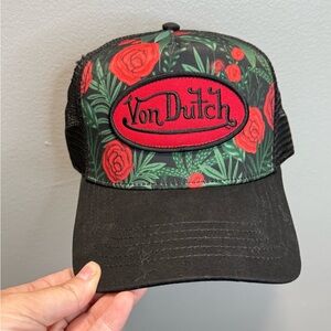 Von Dutch Women's Red Rose Black Embroidered Logo Patch Hat One Size